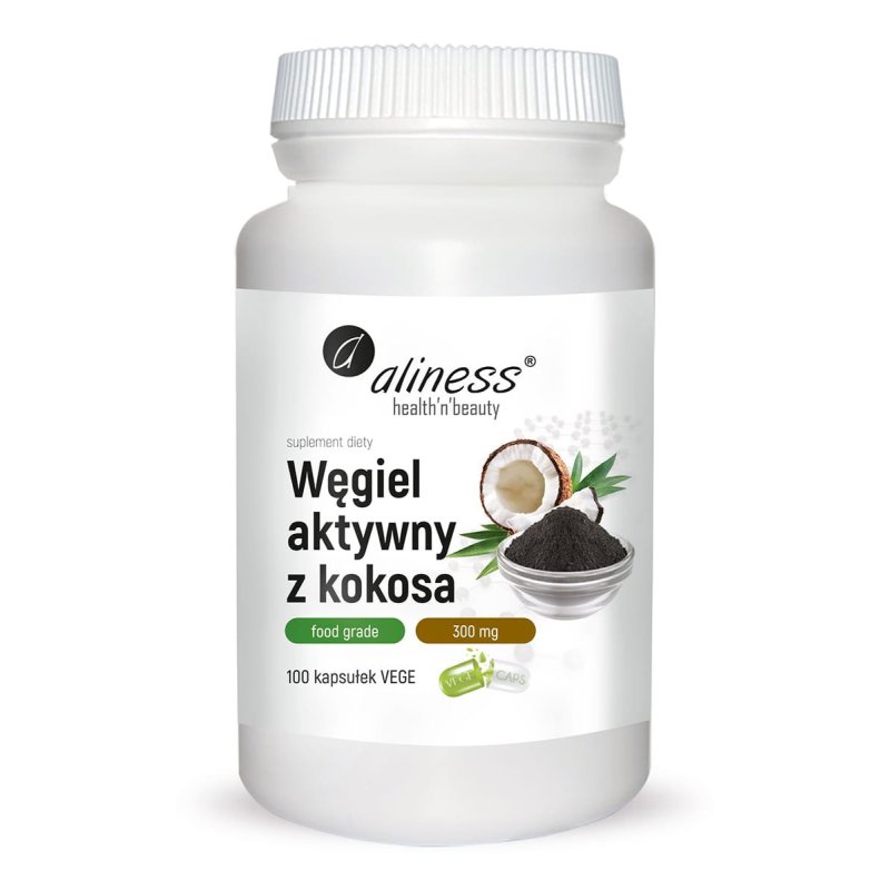 Węgiel aktywny z kokosa Food Grade 300mg 100kapsułek Aliness