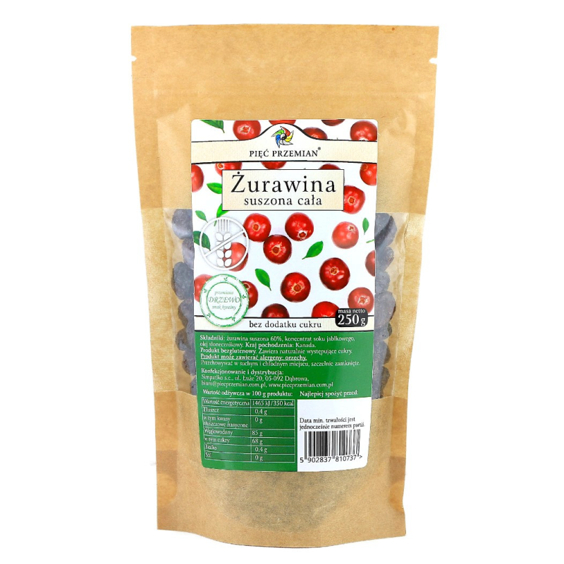 Pięć Przemian Żurawina cała suszona słodzona sokiem jabłkowym 250g